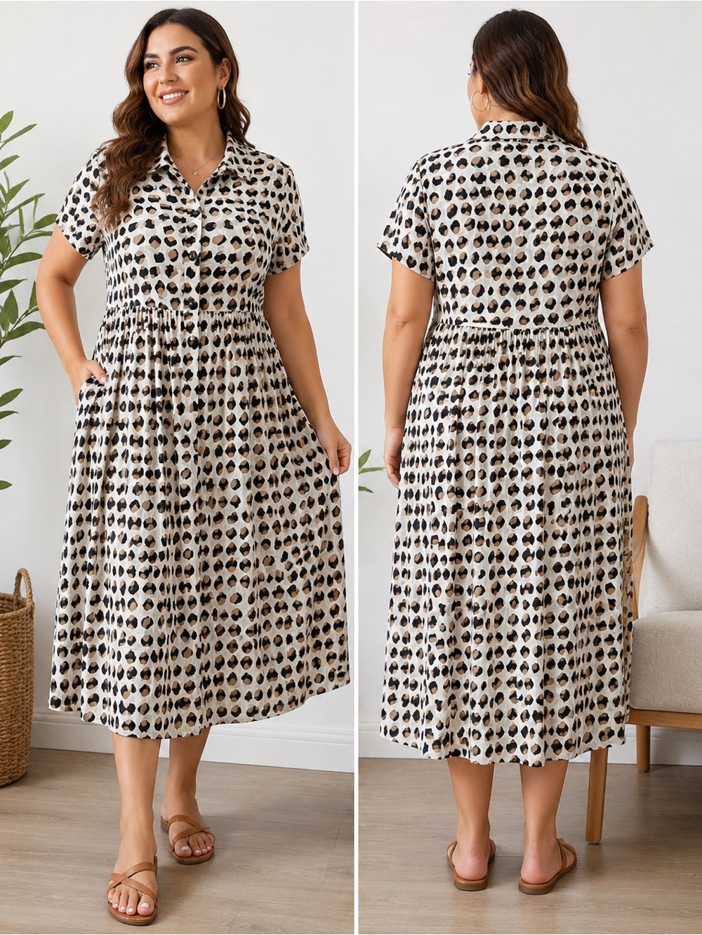 OFFON Leopard Print Midi Dress Women’s Large Button Front Collared Short Sleeve